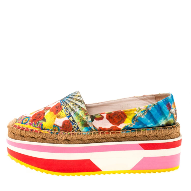 Pre Owned Dolce and Gabbana Multicolor Floral Print Fabric Platform Espadrilles Size 37