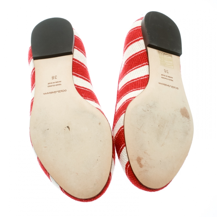 Pre Owned Dolce and Gabbana Red/White Striped Canvas Flats Size 36