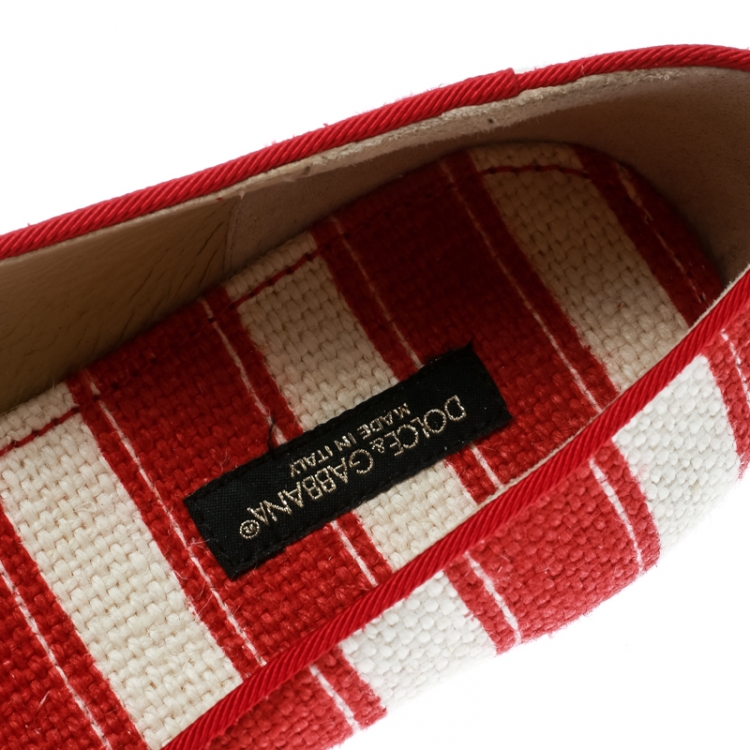 Pre Owned Dolce and Gabbana Red/White Striped Canvas Flats Size 36