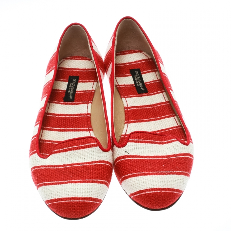 Pre Owned Dolce and Gabbana Red/White Striped Canvas Flats Size 36