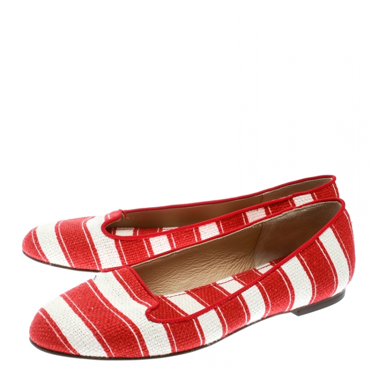 Pre Owned Dolce and Gabbana Red/White Striped Canvas Flats Size 36