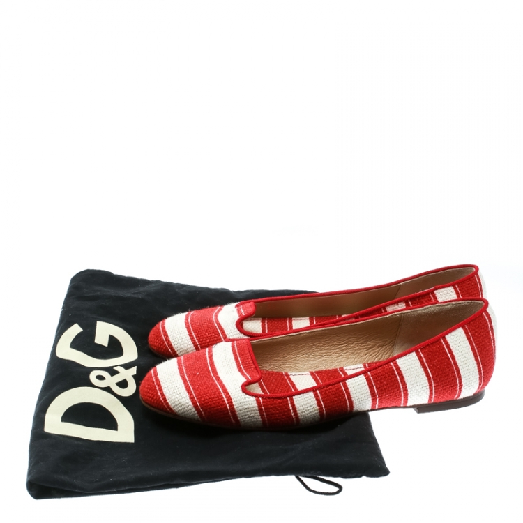 Pre Owned Dolce and Gabbana Red/White Striped Canvas Flats Size 36