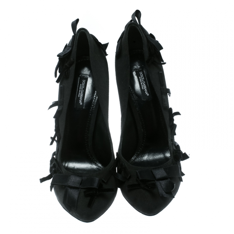 Pre Owned Dolce and Gabbana Black Fabric Bow Embellished Platform Pumps Size 38