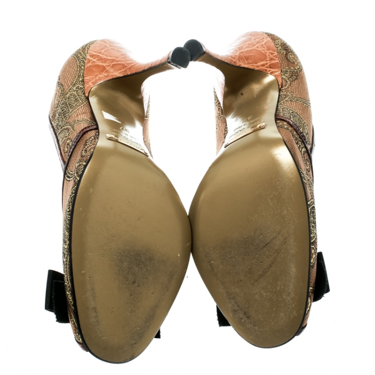 Pre Owned Dolce and Gabbana Gold Lace With Leather Bow Peep Toe Pumps Size 37