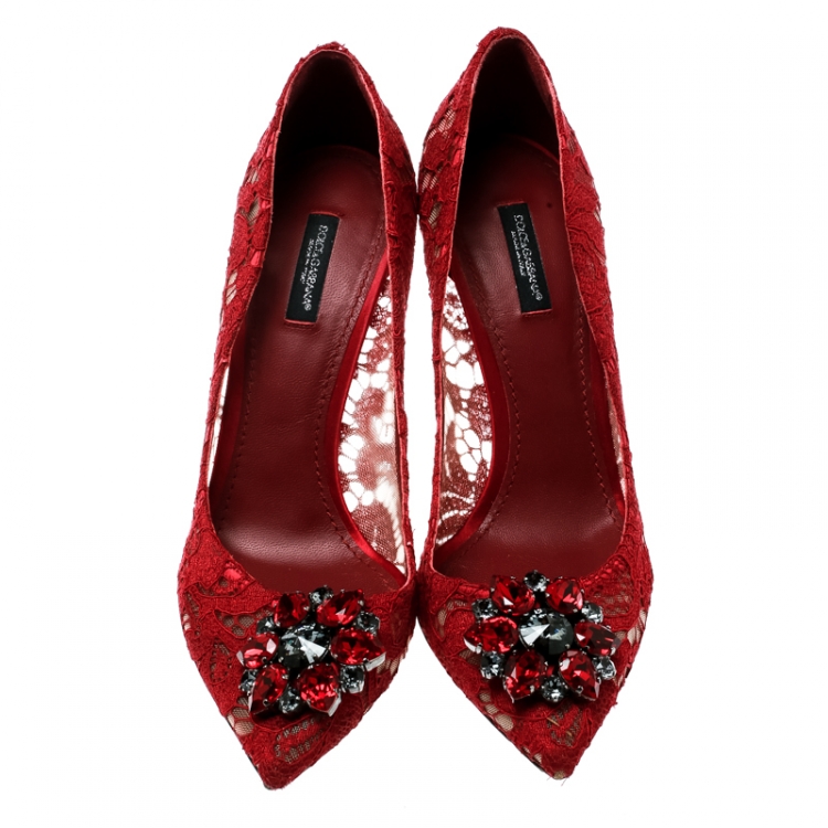 Pre Owned Dolce and Gabbana Red Lace Bellucci Crystal Embellished Pointed Toe Pumps Size 40.5