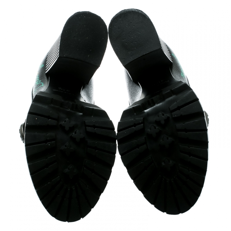 Pre Owned Dolce and Gabbana Black Leather Edna Hand Printed Block Heel Loafer Pumps Size 39