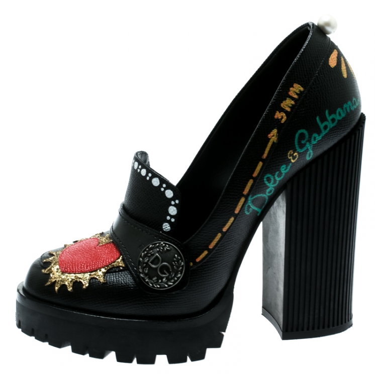 Pre Owned Dolce and Gabbana Black Leather Edna Hand Printed Block Heel Loafer Pumps Size 39
