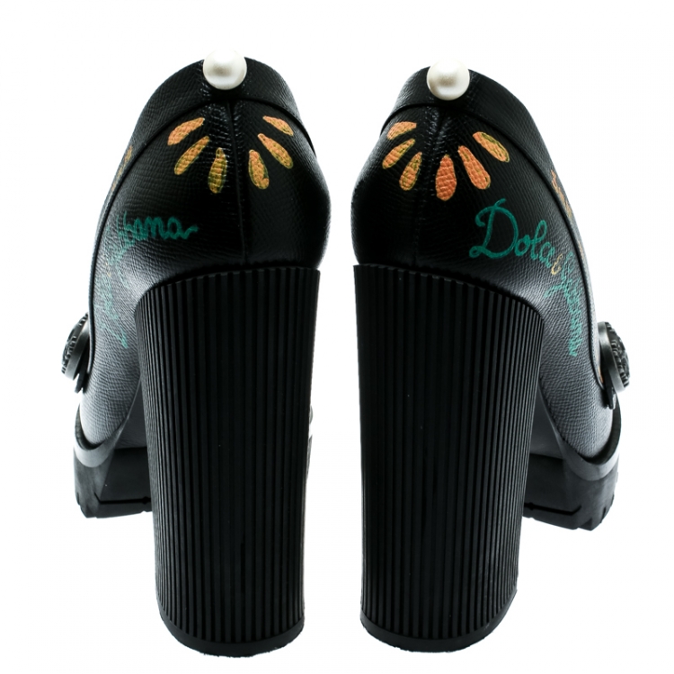 Pre Owned Dolce and Gabbana Black Leather Edna Hand Printed Block Heel Loafer Pumps Size 39