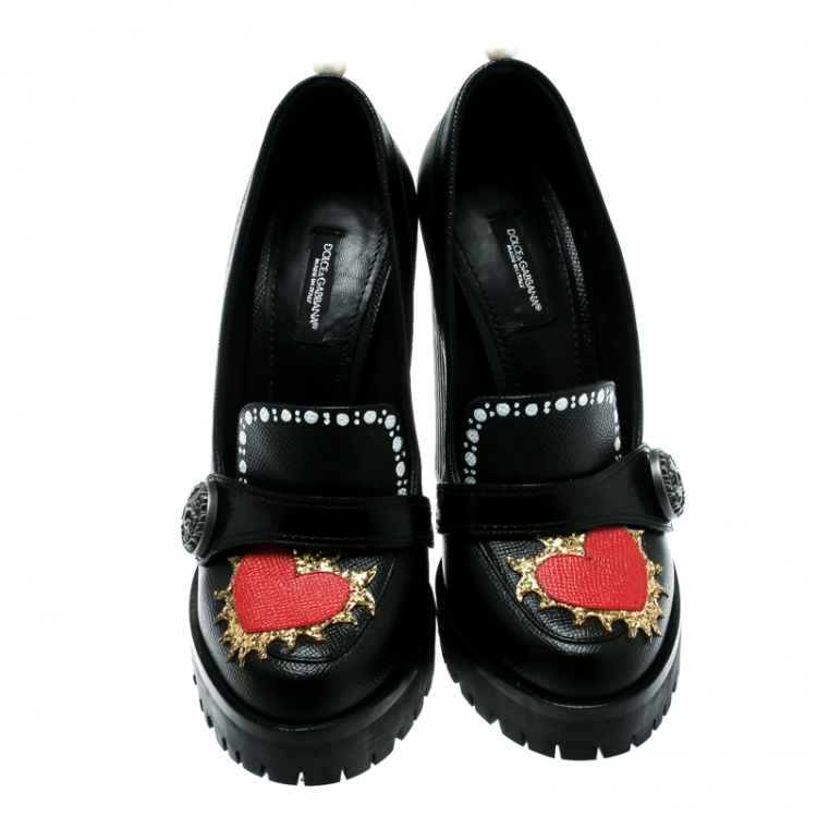 Pre Owned Dolce and Gabbana Black Leather Edna Hand Printed Block Heel Loafer Pumps Size 39
