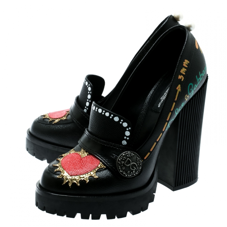 Pre Owned Dolce and Gabbana Black Leather Edna Hand Printed Block Heel Loafer Pumps Size 39