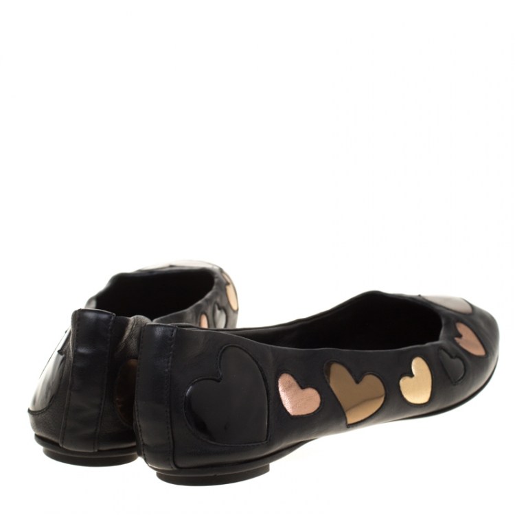 Pre Owned Dolce and Gabbana Black Leather With Hearts Appliquè Ballet Flats Size 37