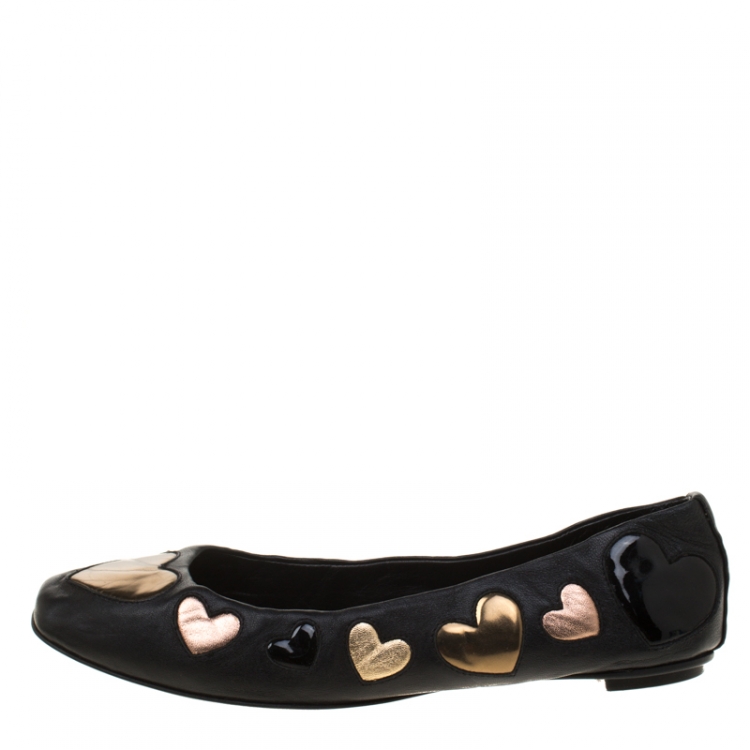 Pre Owned Dolce and Gabbana Black Leather With Hearts Appliquè Ballet Flats Size 37