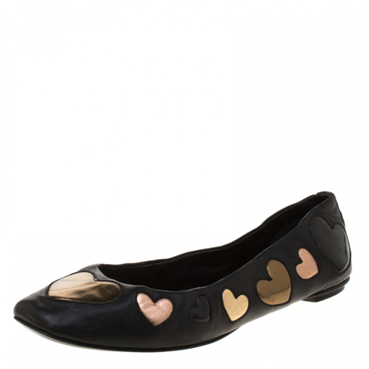 Pre Owned Dolce and Gabbana Black Leather With Hearts Appliquè Ballet Flats Size 37