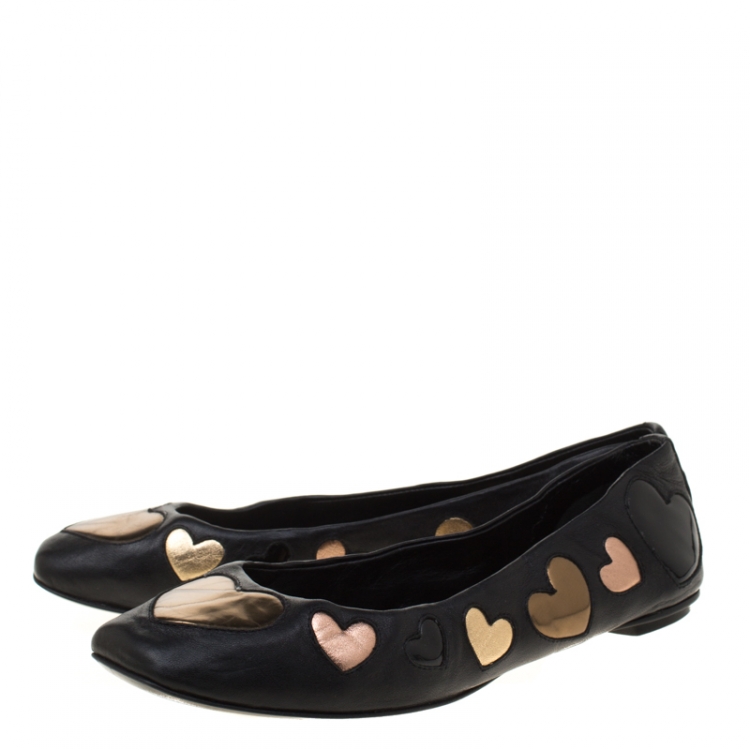 Pre Owned Dolce and Gabbana Black Leather With Hearts Appliquè Ballet Flats Size 37