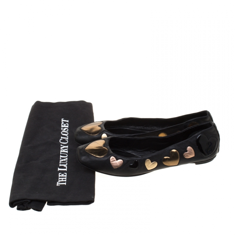 Pre Owned Dolce and Gabbana Black Leather With Hearts Appliquè Ballet Flats Size 37