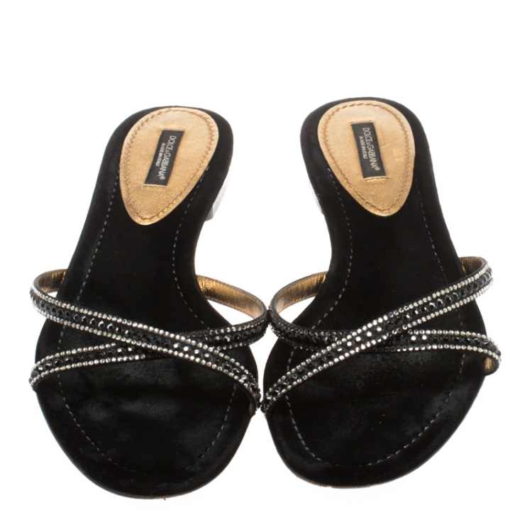 Pre Owned Dolce And Gabbana Black Crystal Embellished Satin Cross Strap Flat Slides Size 39