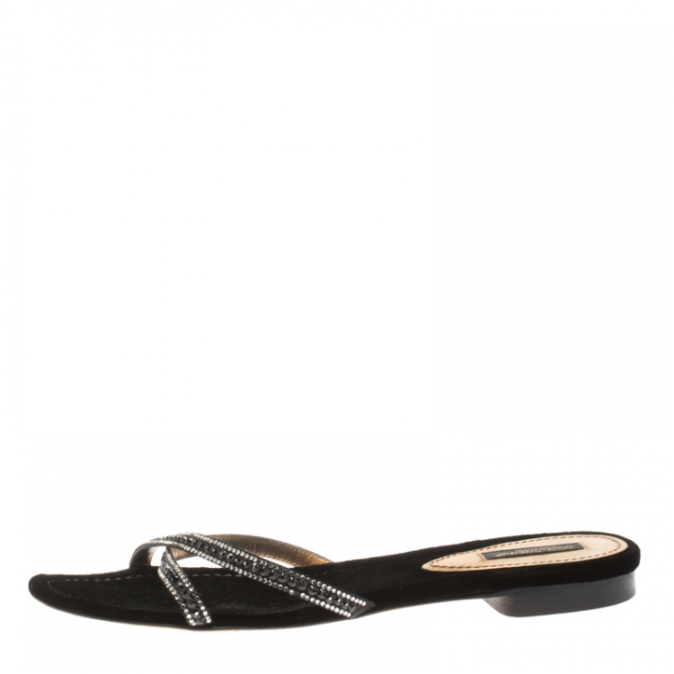 Pre Owned Dolce And Gabbana Black Crystal Embellished Satin Cross Strap Flat Slides Size 39