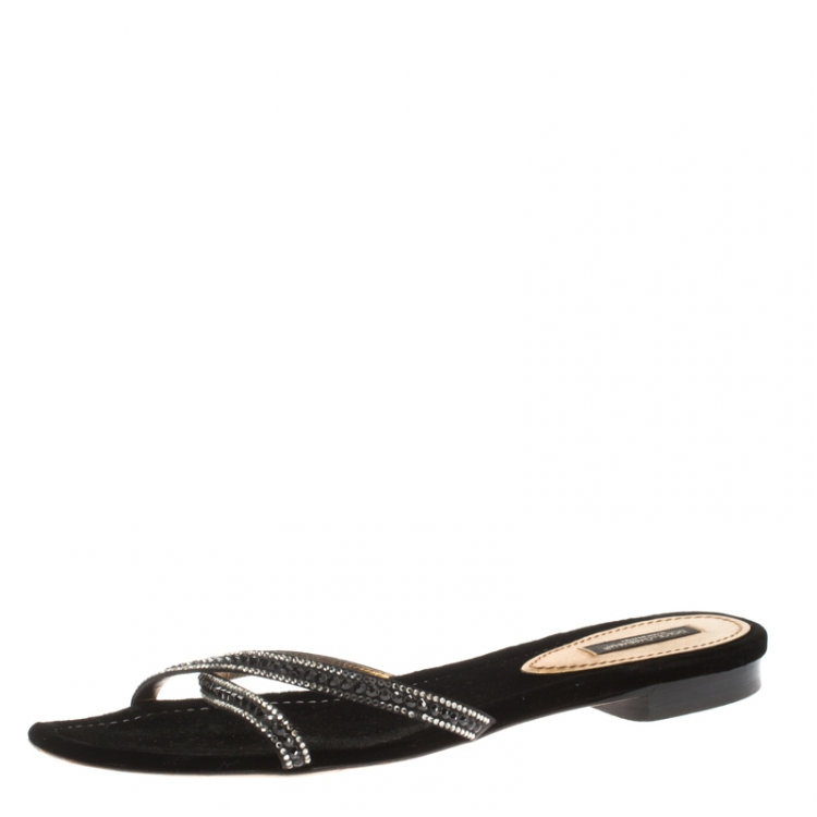 Pre Owned Dolce And Gabbana Black Crystal Embellished Satin Cross Strap Flat Slides Size 39