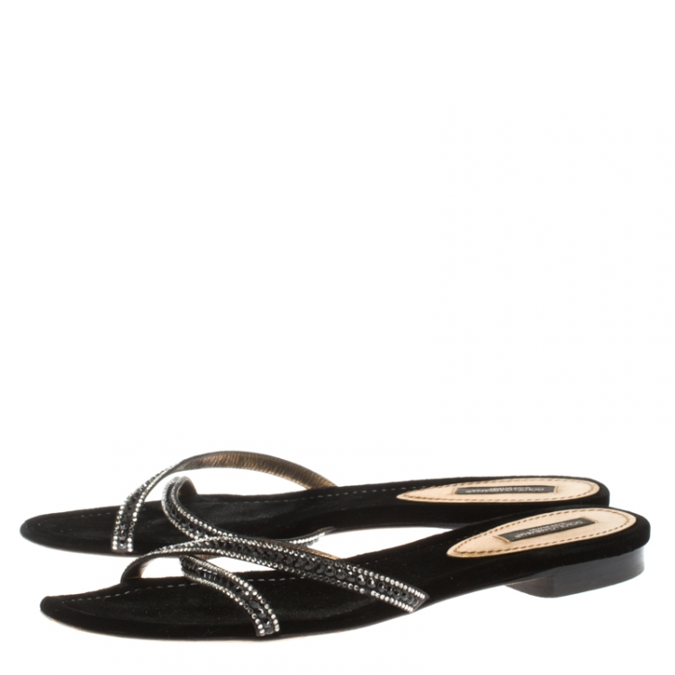 Pre Owned Dolce And Gabbana Black Crystal Embellished Satin Cross Strap Flat Slides Size 39