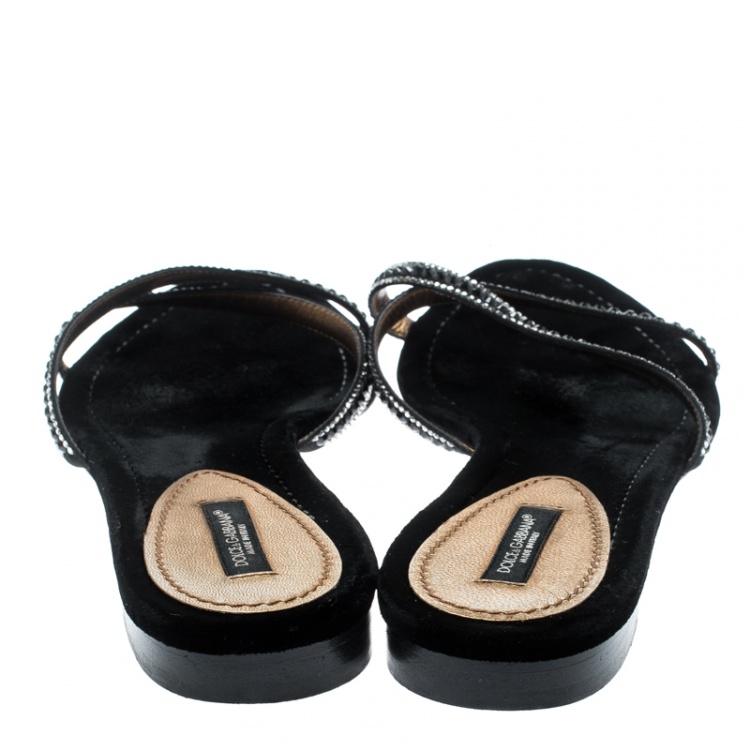 Pre Owned Dolce And Gabbana Black Crystal Embellished Satin Cross Strap Flat Slides Size 39