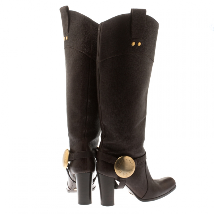 Pre Owned Dolce And Gabbana Brown Leather Buckle Detail Knee Length Boots Size 36.5
