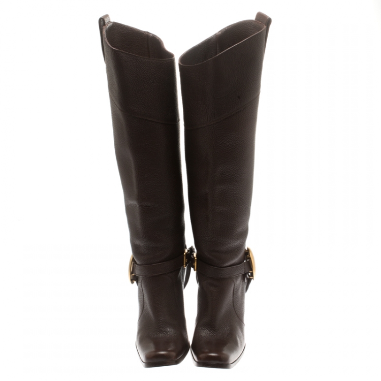 Pre Owned Dolce And Gabbana Brown Leather Buckle Detail Knee Length Boots Size 36.5