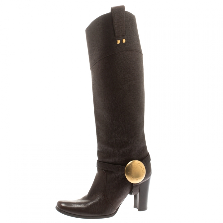 Pre Owned Dolce And Gabbana Brown Leather Buckle Detail Knee Length Boots Size 36.5