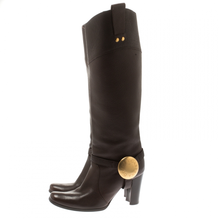 Pre Owned Dolce And Gabbana Brown Leather Buckle Detail Knee Length Boots Size 36.5