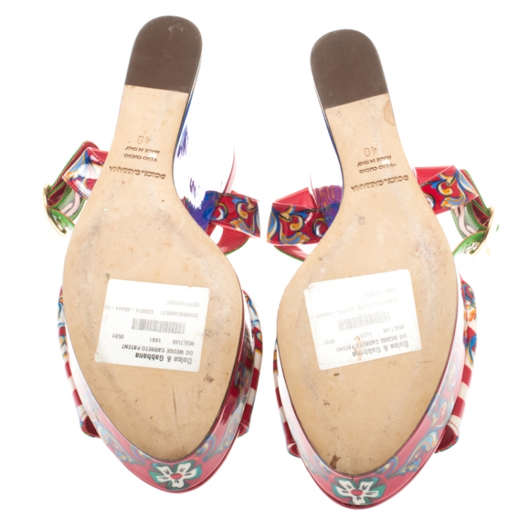 Pre Owned Dolce and Gabbana Multicolor Floral Printed Patent Leather Sicily Platform Wedge Sandals Size 40