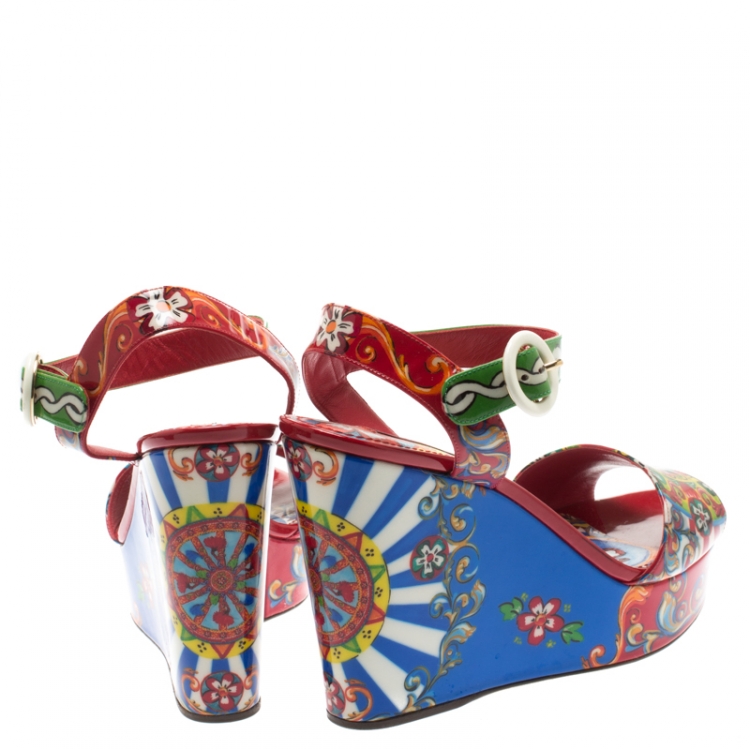 Pre Owned Dolce and Gabbana Multicolor Floral Printed Patent Leather Sicily Platform Wedge Sandals Size 40