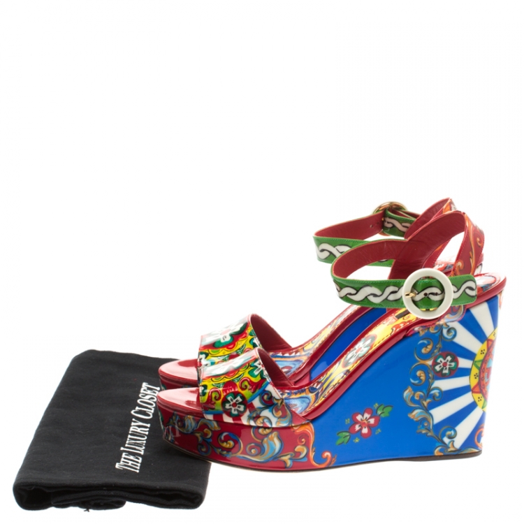 Pre Owned Dolce and Gabbana Multicolor Floral Printed Patent Leather Sicily Platform Wedge Sandals Size 40