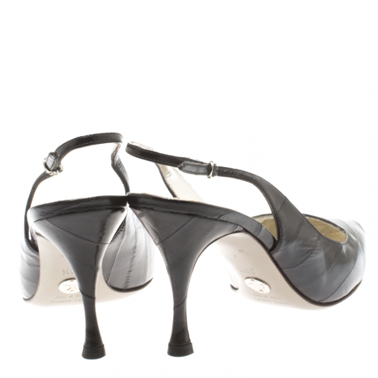 Pre Owned Dolce And Gabbana Dark Grey Eel Skin Vernice Pointed Toe Slingback Sandals Size 39.5
