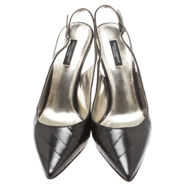 Pre Owned Dolce And Gabbana Dark Grey Eel Skin Vernice Pointed Toe Slingback Sandals Size 39.5