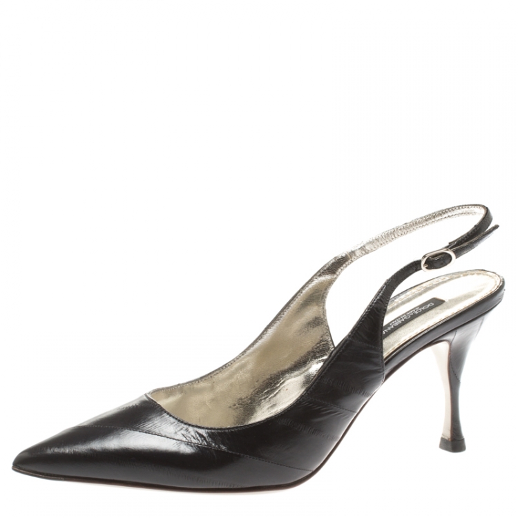 Pre Owned Dolce And Gabbana Dark Grey Eel Skin Vernice Pointed Toe Slingback Sandals Size 39.5