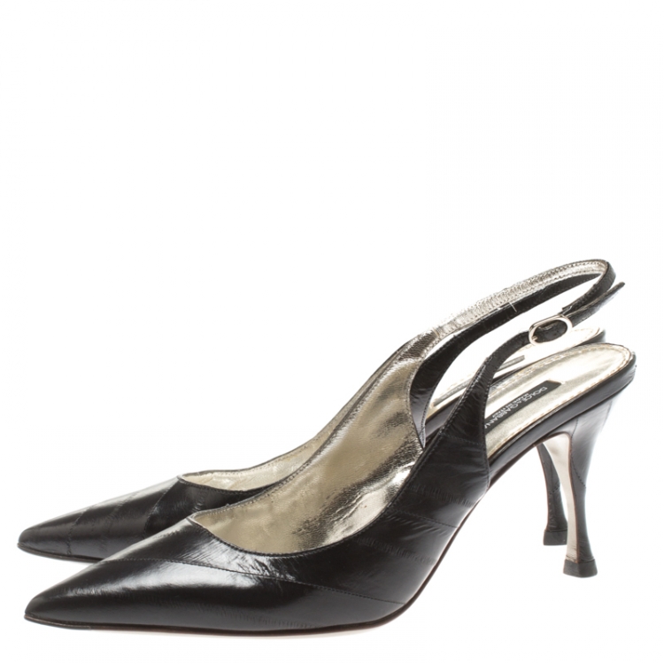 Pre Owned Dolce And Gabbana Dark Grey Eel Skin Vernice Pointed Toe Slingback Sandals Size 39.5
