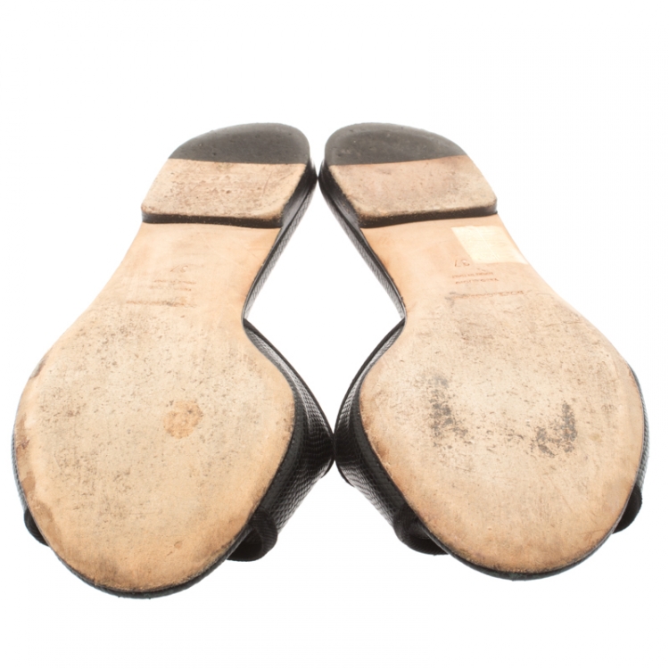 Pre Owned Dolce and Gabbana Black Lizard Embossed Leather Sofia Slides Size 37