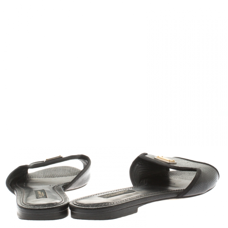 Pre Owned Dolce and Gabbana Black Lizard Embossed Leather Sofia Slides Size 37