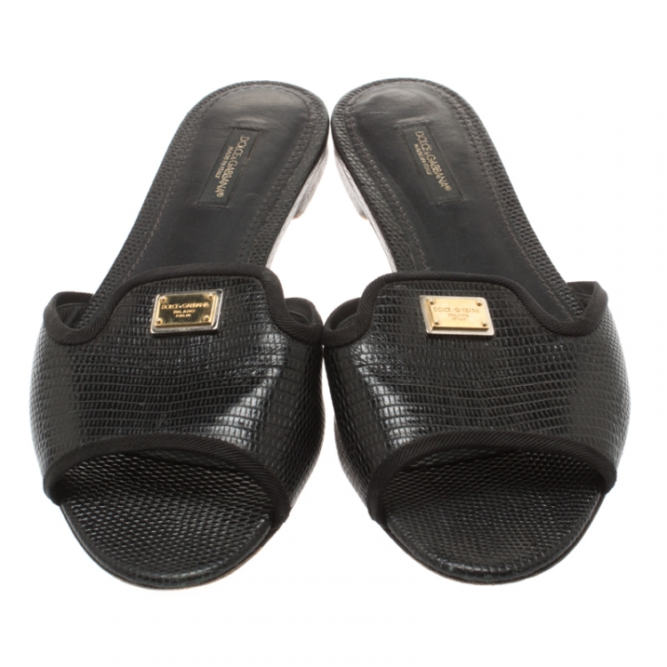 Pre Owned Dolce and Gabbana Black Lizard Embossed Leather Sofia Slides Size 37