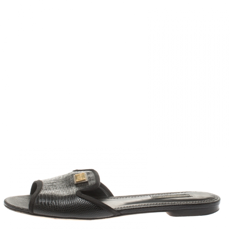 Pre Owned Dolce and Gabbana Black Lizard Embossed Leather Sofia Slides Size 37