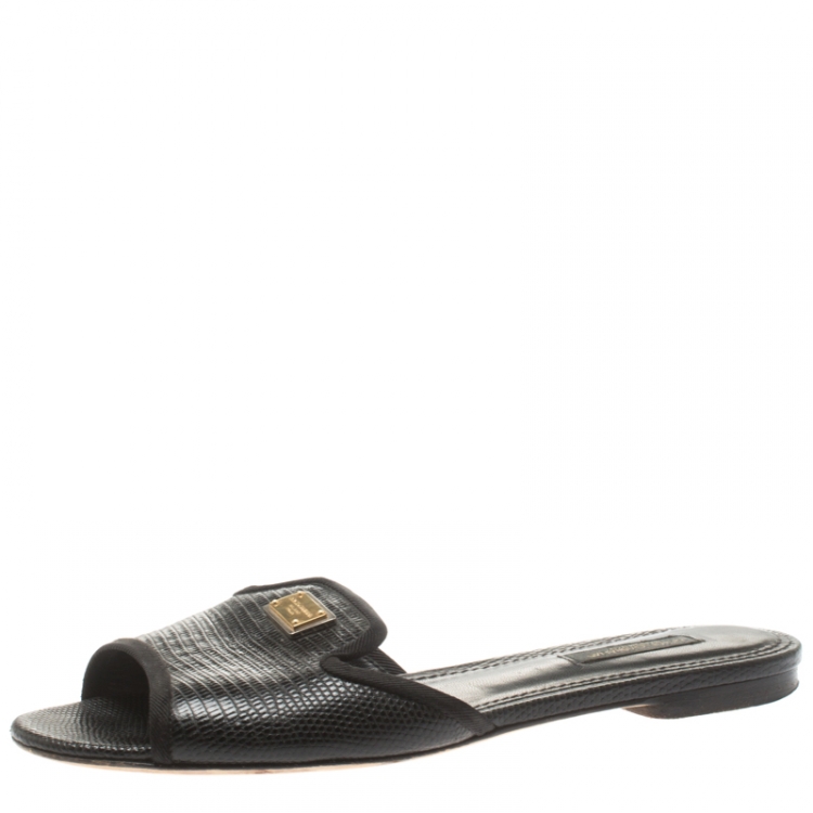 Pre Owned Dolce and Gabbana Black Lizard Embossed Leather Sofia Slides Size 37