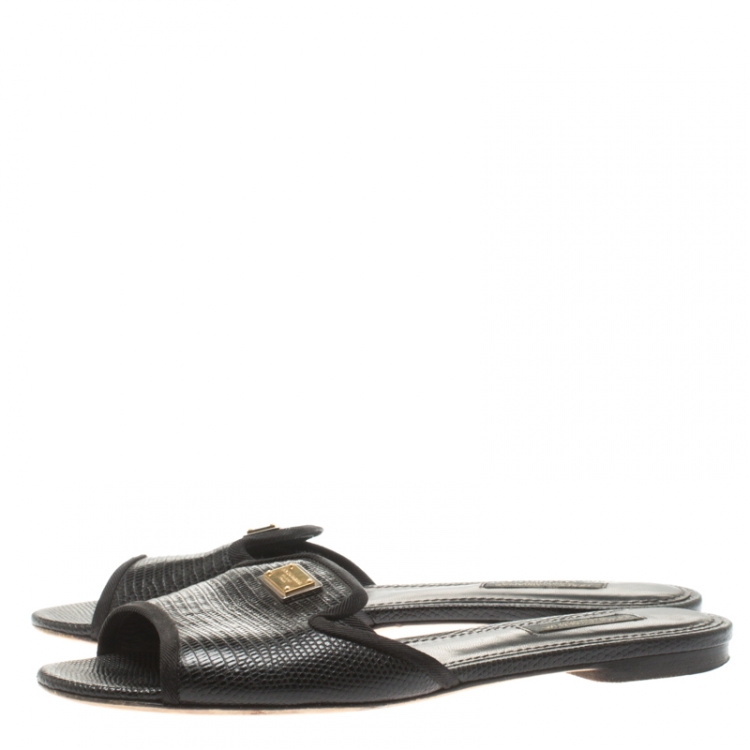 Pre Owned Dolce and Gabbana Black Lizard Embossed Leather Sofia Slides Size 37