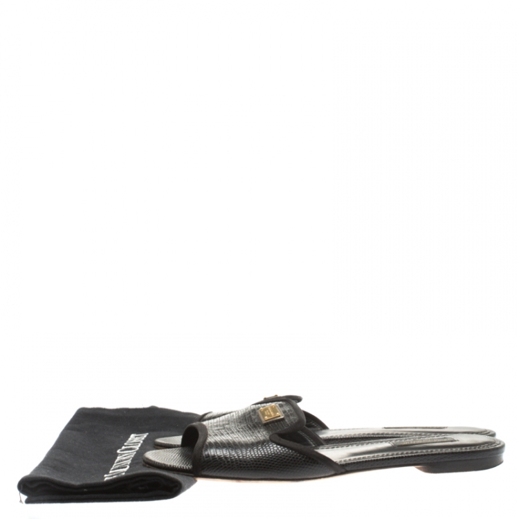 Pre Owned Dolce and Gabbana Black Lizard Embossed Leather Sofia Slides Size 37