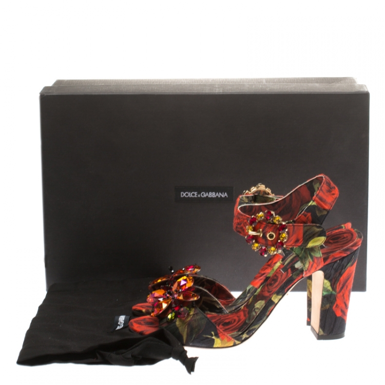 Pre Owned  Dolce & Gabbana Multicolor Floral Printed Fabric Crystal Embellished Ankle Strap Sandals Size 36