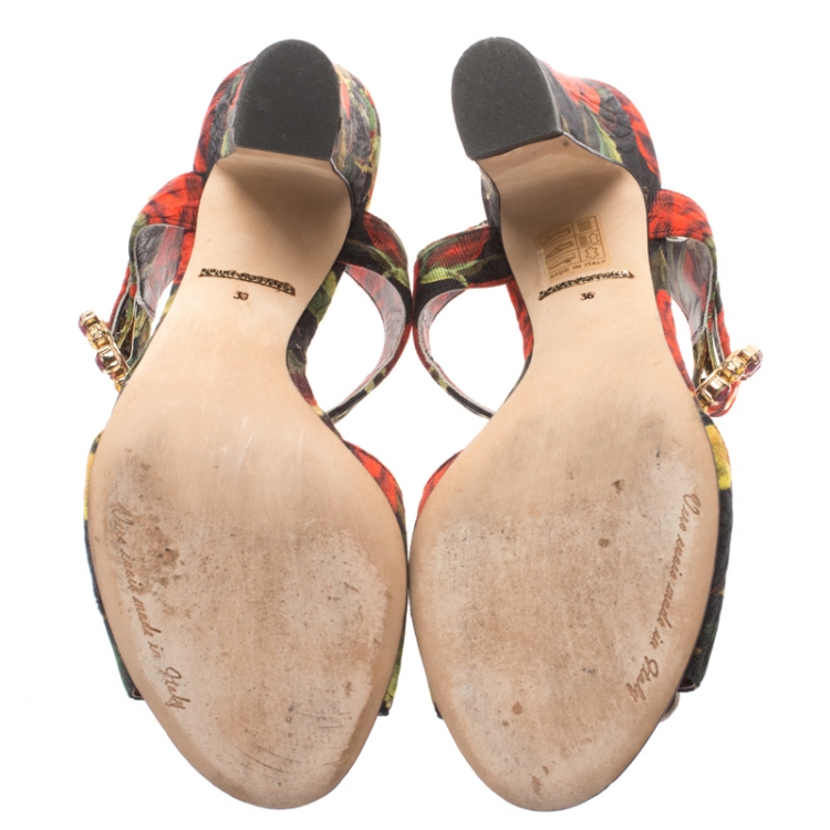 Pre Owned  Dolce & Gabbana Multicolor Floral Printed Fabric Crystal Embellished Ankle Strap Sandals Size 36