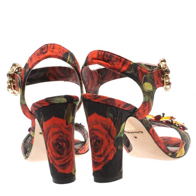Pre Owned  Dolce & Gabbana Multicolor Floral Printed Fabric Crystal Embellished Ankle Strap Sandals Size 36