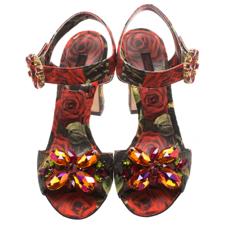 Pre Owned  Dolce & Gabbana Multicolor Floral Printed Fabric Crystal Embellished Ankle Strap Sandals Size 36