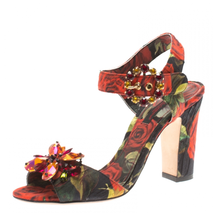 Pre Owned  Dolce & Gabbana Multicolor Floral Printed Fabric Crystal Embellished Ankle Strap Sandals Size 36