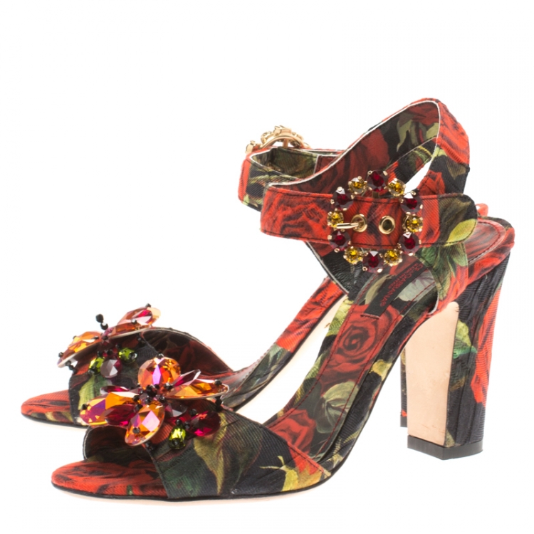 Pre Owned  Dolce & Gabbana Multicolor Floral Printed Fabric Crystal Embellished Ankle Strap Sandals Size 36
