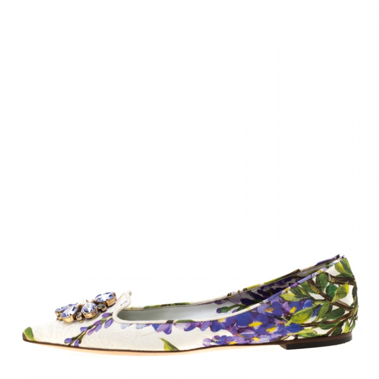 Pre Owned Dolce And Gabbana Multicolor Blossom Printed Fabric Crystal Embellished Pointed Toe Ballet Flats Size 37