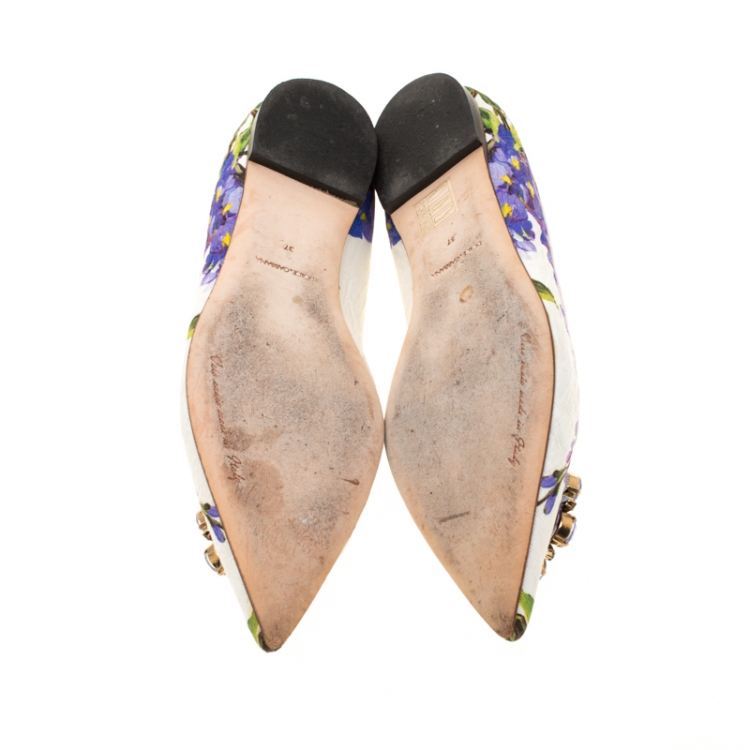 Pre Owned Dolce And Gabbana Multicolor Blossom Printed Fabric Crystal Embellished Pointed Toe Ballet Flats Size 37